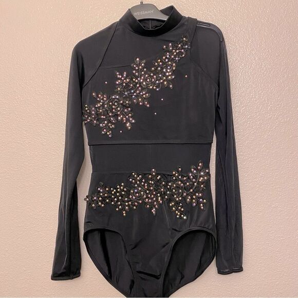 WEISSMAN Dance solo custom black rhinestone long sleeve mesh Leotard MT9622 MA - Picture 4 of 16